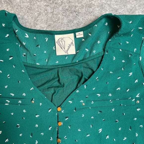 Jaretchung Blouse Top Womens Size 1X Green Geo Print Long Roll Tab Sleeve V Neck - Picture 4 of 9